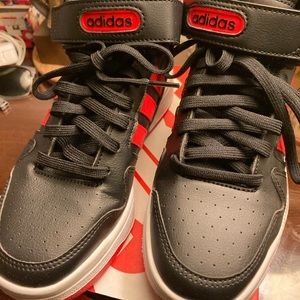 Adidas, Red and Black Kids Basketball shoe.